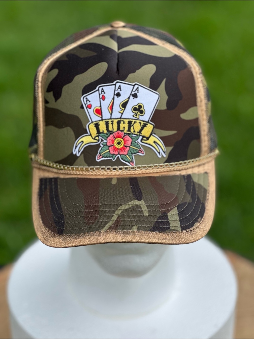 OTTO Camo 'Lucky' Trucker Hat with Card & Flower Patch